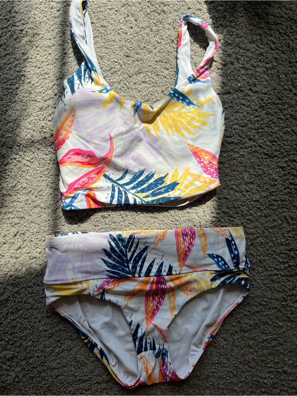 DSG Tropical Print Two-Piece Swim Set in White, Yellow, Blue, Pink